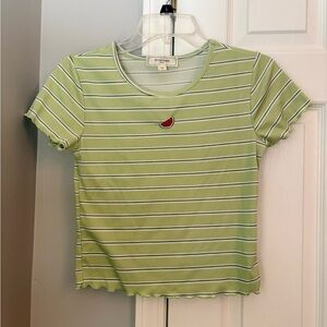 🍉 Light Green Striped Tee with Watermelon Patch